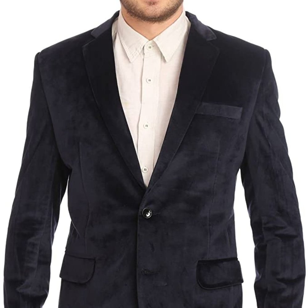 WINTAGE Men's Velvet Two Buttoned Notch Lapel Party Navy Blue Coat Blazer